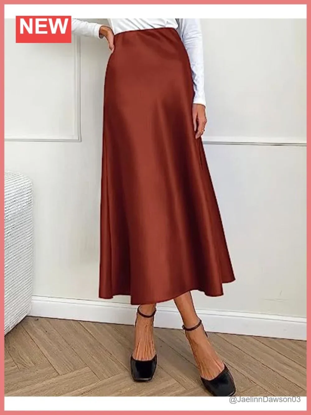 Satin Flowy Midi A-Line Skirt High Waist Ruffle Hem Elastic
